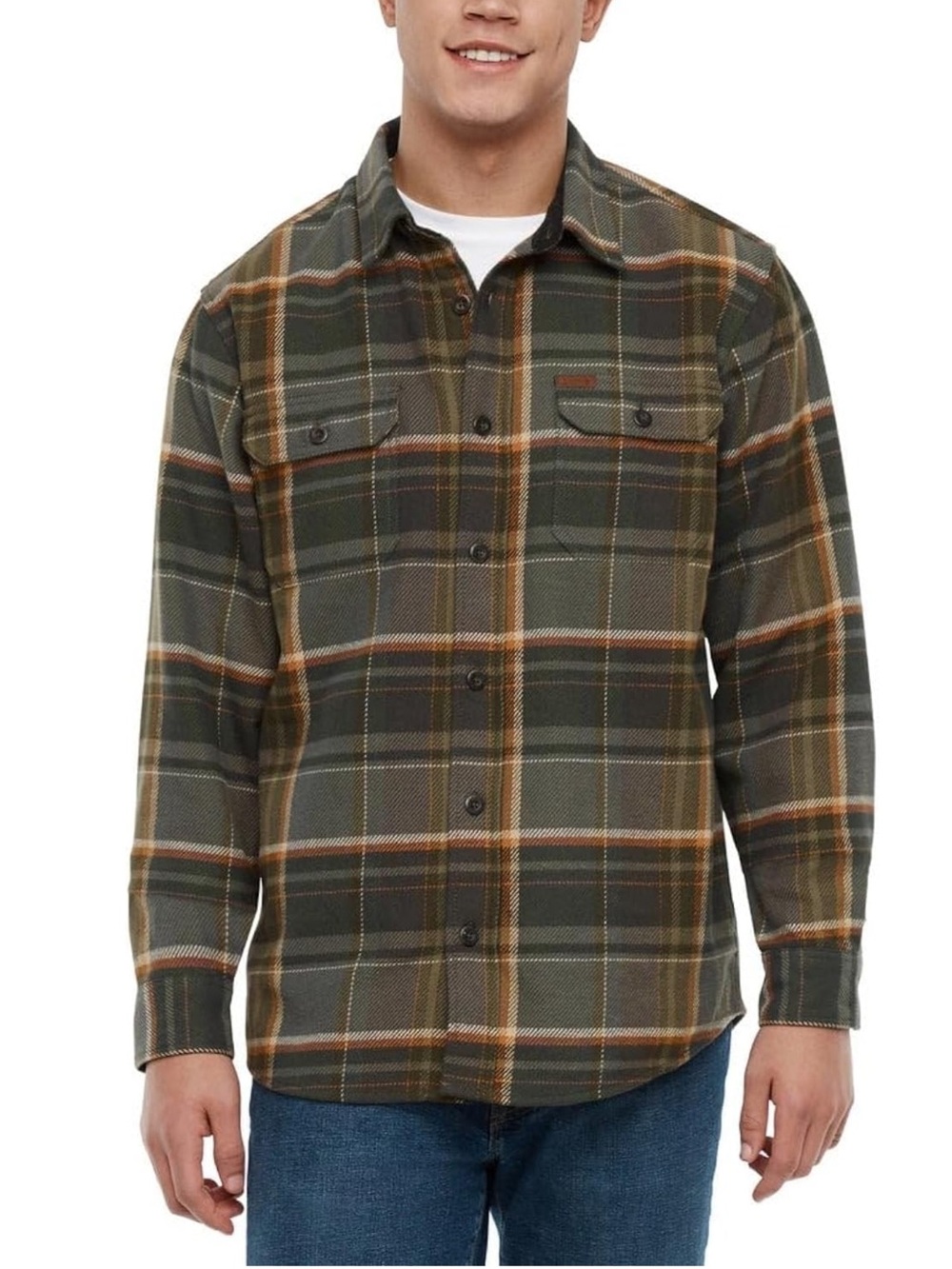Orvis Men’s Heavyweight Flannel Shirt Spread Collar, Chest & Side Pockets Green